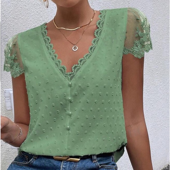 Elegant Sheer Mesh Swiss Dot Floral Lace Top Blouse Shirt Hot Pink - Picture 3 of 13